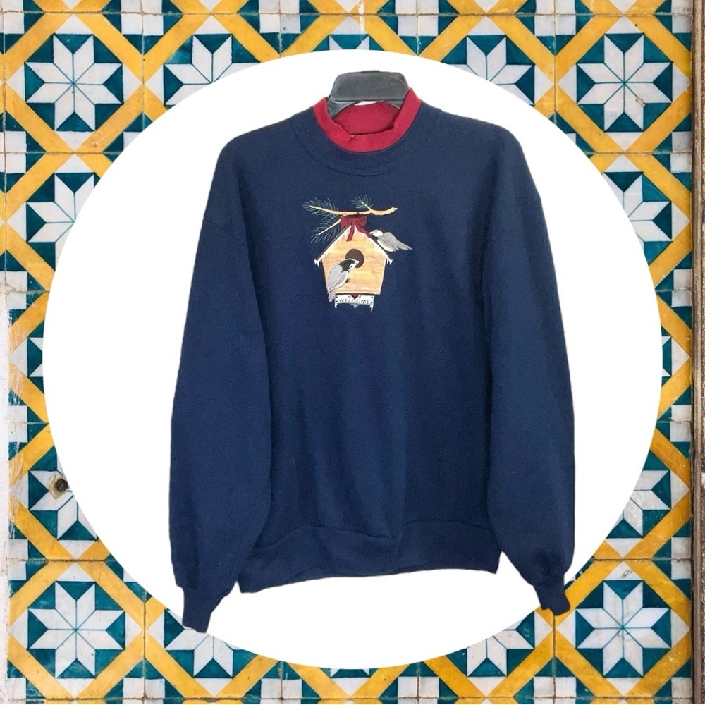 Top Stitch by Morning Sun Navy Layer Look Sweatshirt w Birds/Birdhouse Women Lg